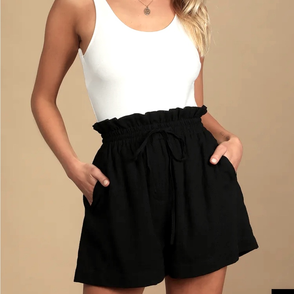 Casual Perfection black cotton paper bag waist shorts